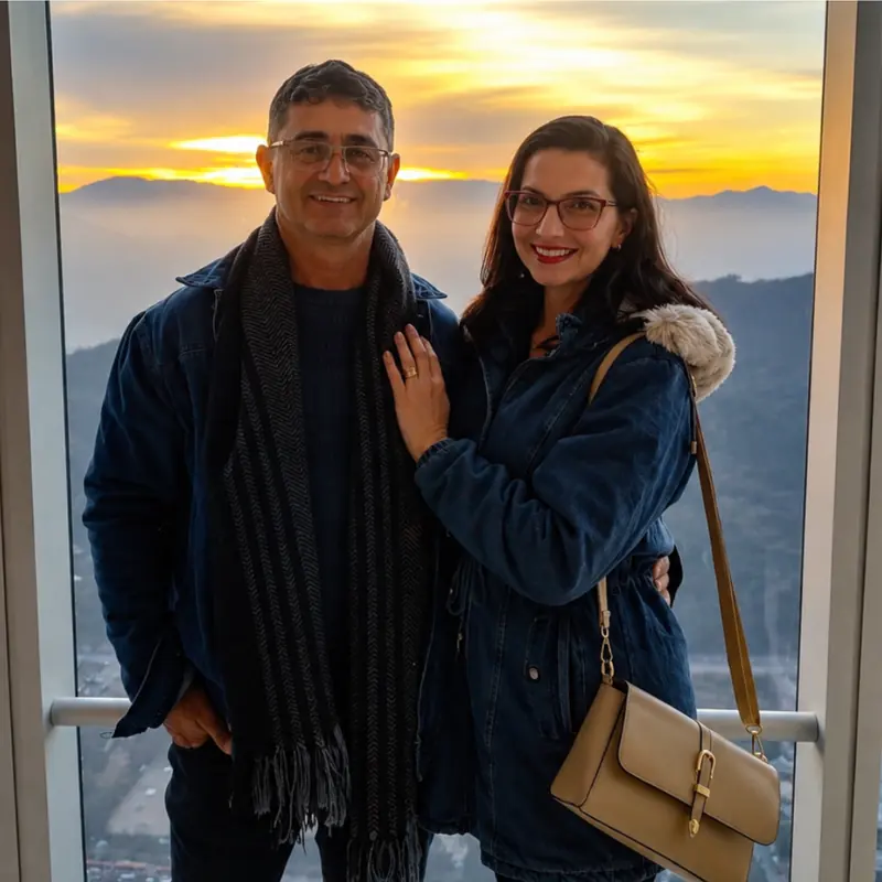 Jairiana e acompanhante em mirante de Santiago ao pôr do sol
